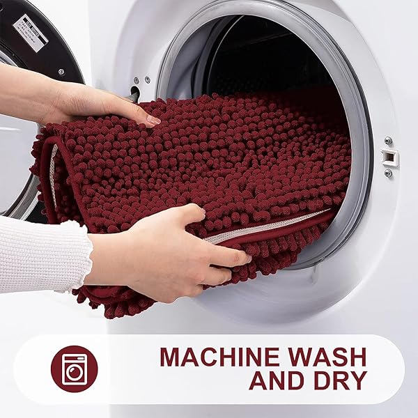 GRANDAILY CHENILLE STRIPED BATHROOM RUGS 47X20, EXTRA THICK AND ABSORBENT BATH MATS, NON-SLIP SOFT PLUSH SHAGGY SHOWER CARPET, MACHINE WASH DRY, BATH RUG FOR BATHROOM, BURGUNDY