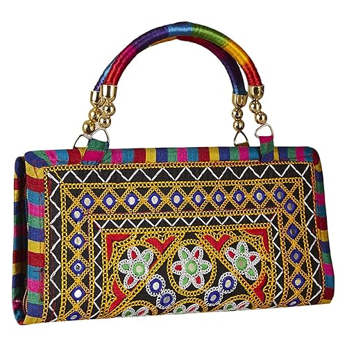 Visheriya Traders Womens Silk Assorted Colour Embroidered Rajasthani Clutch Bag with Handle