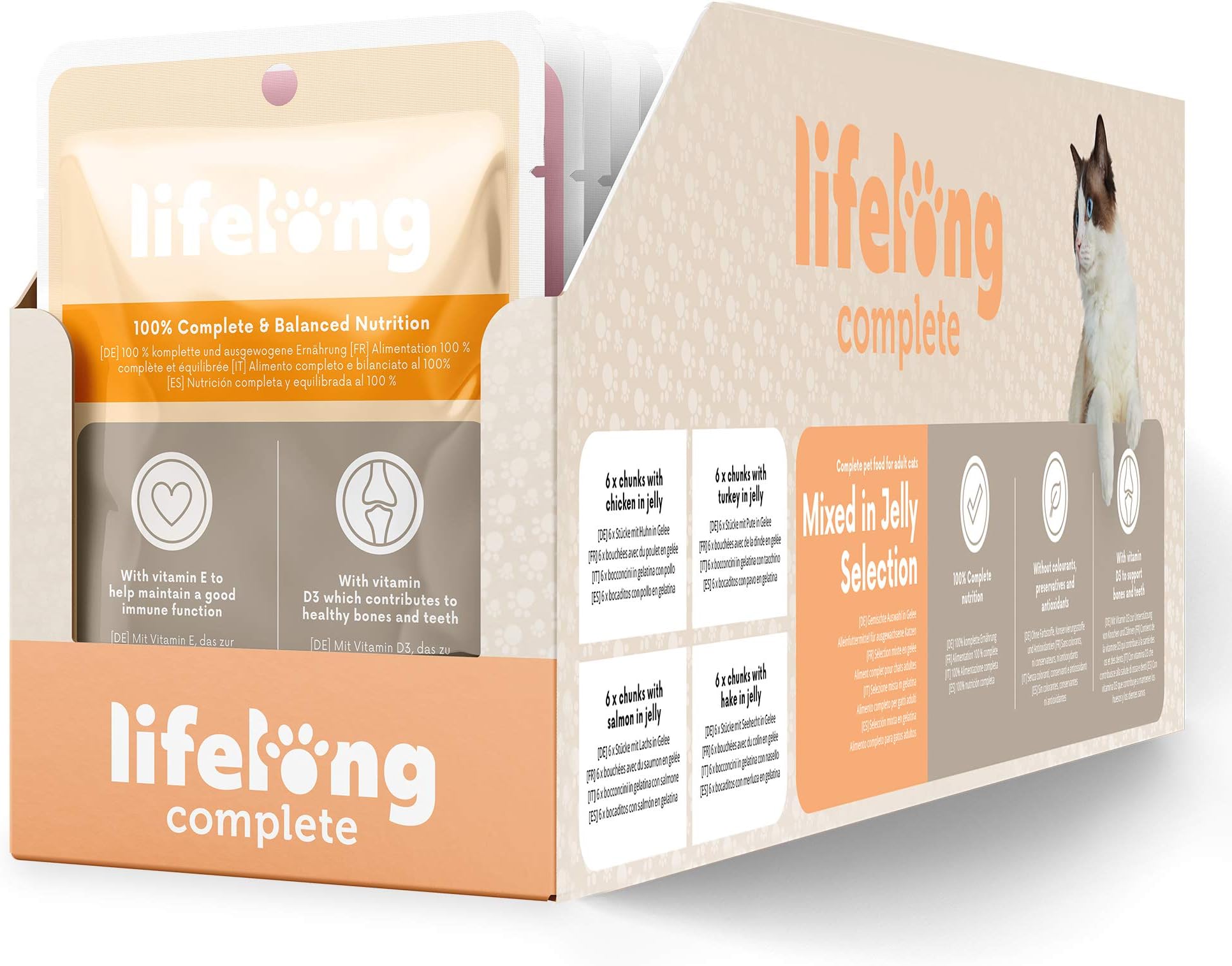 Amazon-Marke: Lifelong Alleinfuttermittel für ausgewachsene Katzen- Gemischte Auswahl in Gelee 9,6 kg (96 Beutel x 100g)