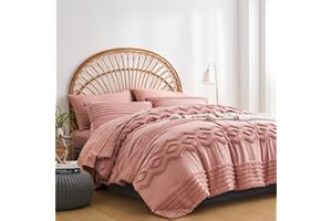 KAKIJUMN Blush Pink Tufted Comforter Set Queen Size 7 Piece Bed in a Bag, Shabby Chic Boho Comforter and Sheet Set, Pom Pom Textured Bed Set, All Season Soft Microfiber Complete Bedding Set(Pink,Queen)