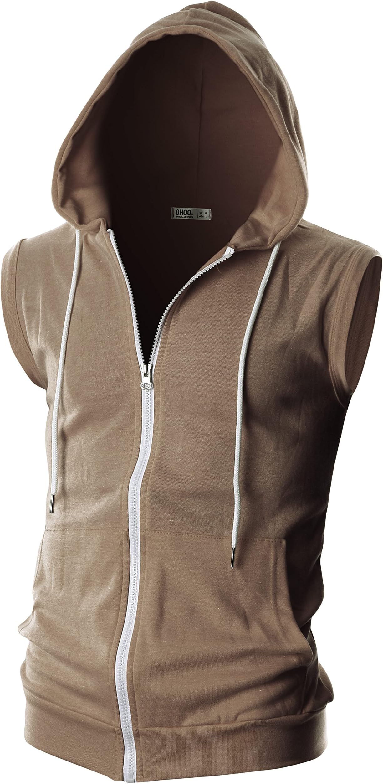 OHOO Mens Slim Fit Sleeveless Lightweight Zip-up Hooded Vest with Zipper Trim