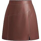 Kate Kasin Women Faux Leather Mini Skirt High Waisted A Line Short Skirt with Slit for Casual Work Club Party Night Out