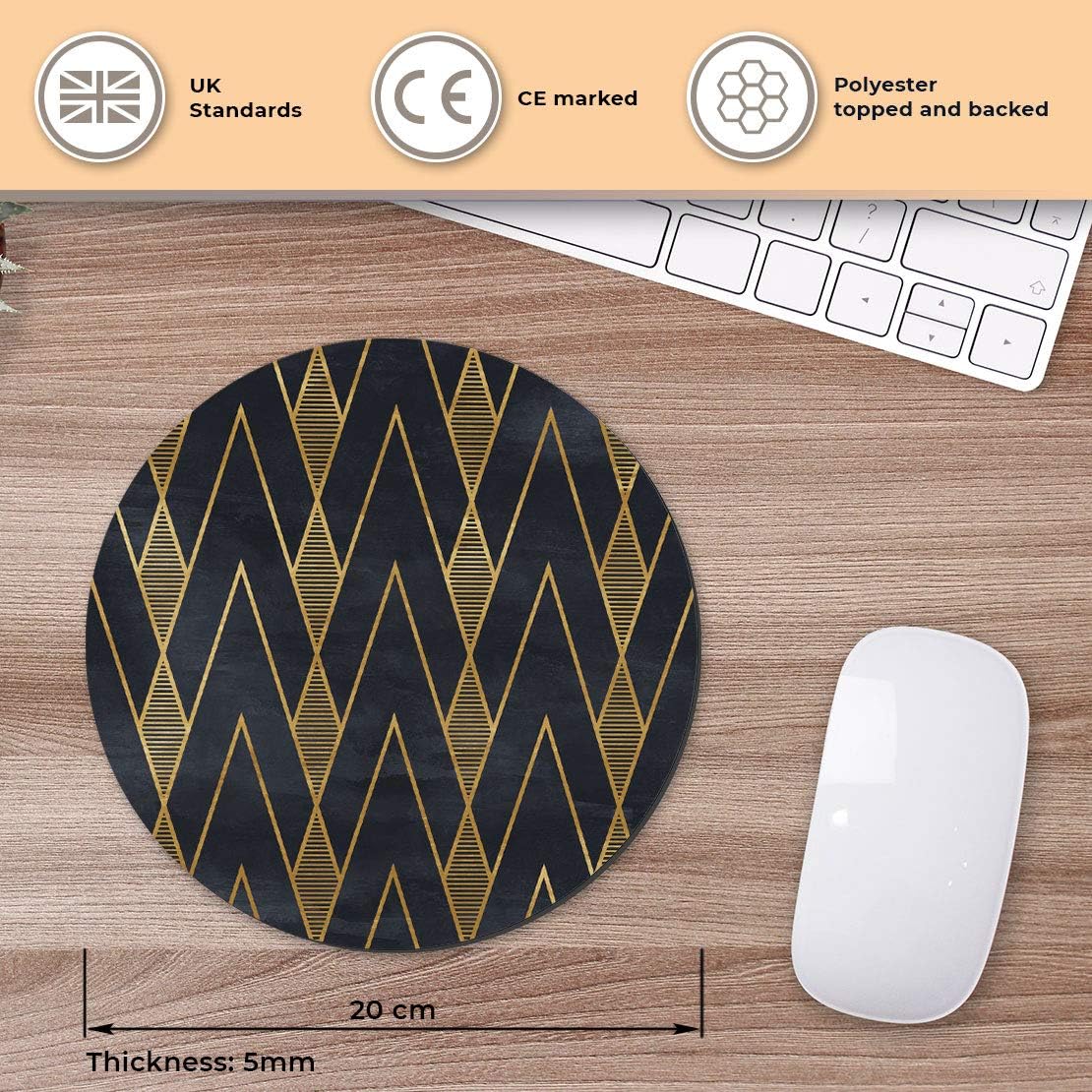 Black & Gold Geometric Art Deco - Flexible Round 5mm Rubber Mouse Mat Pad Office Home Novelty Printed Desk Accessory 12545 - Image 3