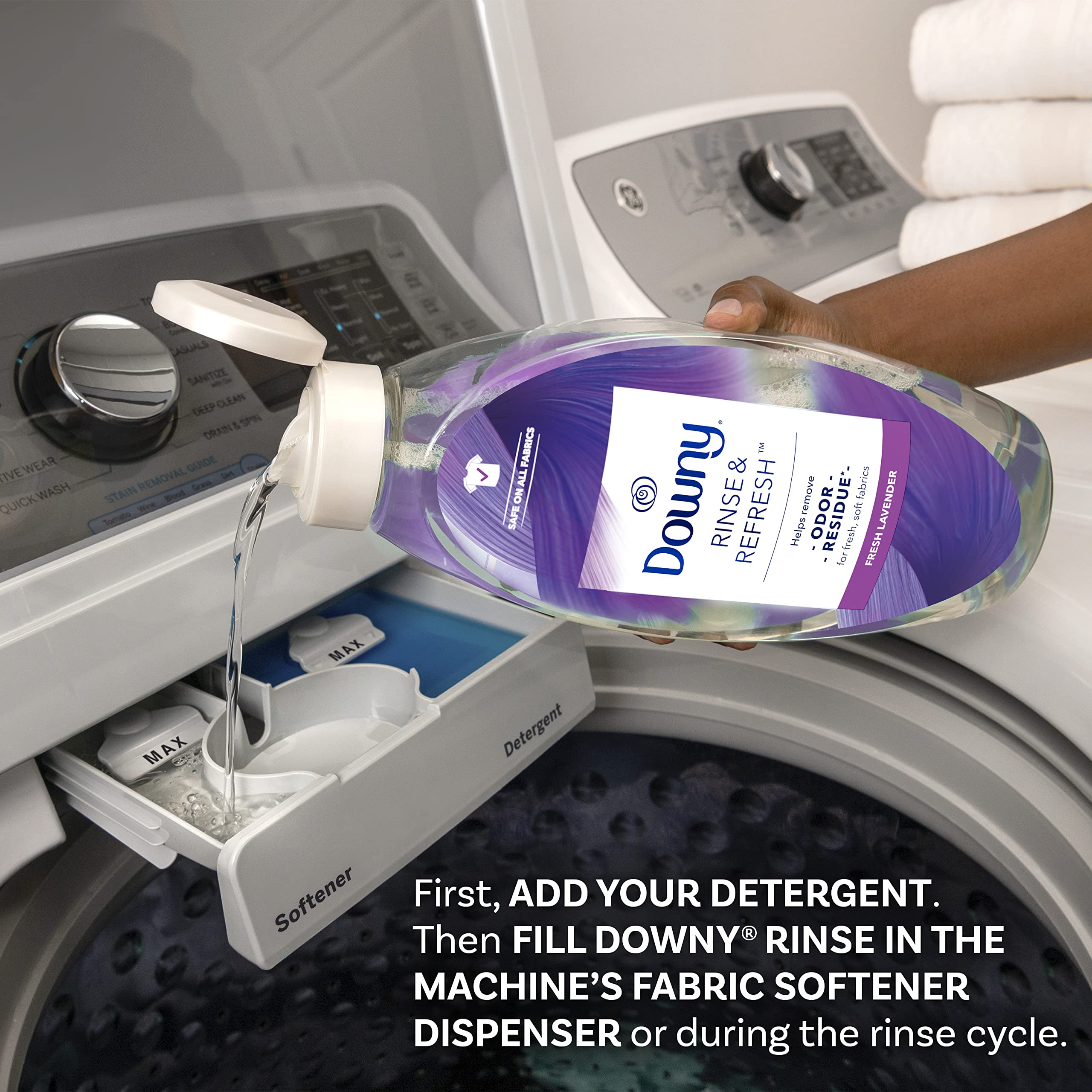 Downy RINSE & REFRESH Laundry Odor Remover and Fabric Softener, Fresh Lavender, 48 fl oz, Safe on ALL Fabrics, Gentle on Skin, HE Compatible