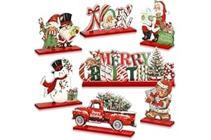 Pickmesh 7 Pcs Red Christmas Table Decorations Vintage Wooden Retro Christmas Party Table Centerpiece Old World Xmas Santa Claus Gnome Table Sign Merry Christmas Table Topper for Home Office