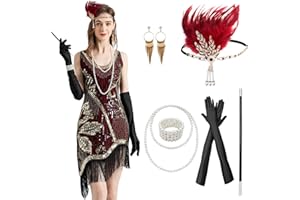 RESIWAI Flapper Dresses 1920s Flapper Costume for Women Roaring 20s Costumes V Neck Sequin Beaded Dress with Accessories