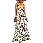 Supnier Women's Summer Maxi Dress Casual V-Neck Sleeveless Bohemian Spaghetti Strap Floral Long Maxi Dress with Pockets