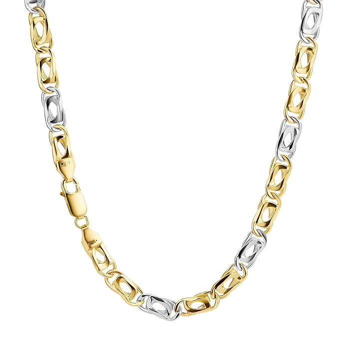 18 Karat / 750 Tigeraugen Kette Gelbgold Weißgold Bicolor - Breite 6.20 mm - Länge 60 Cm.