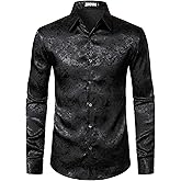 ZEROYAA Men's Shiny Satin Rose Floral Jacquard Long Sleeve Button Up Dress Shirts for Party Prom