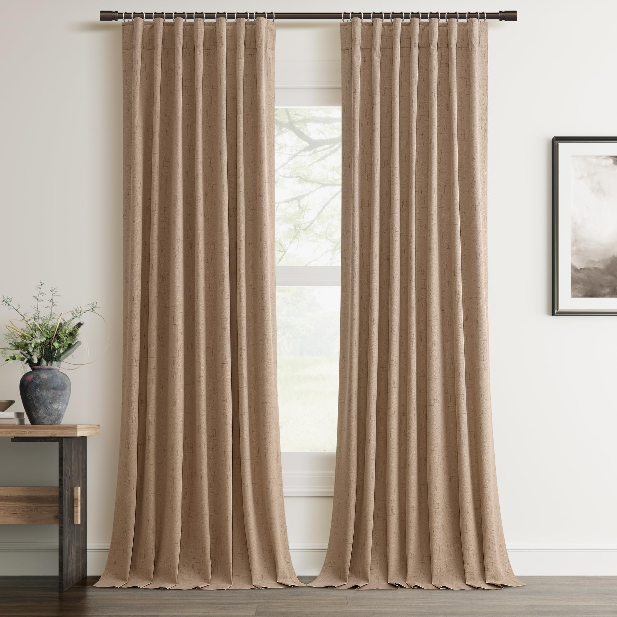 Photo 1 of 100% Blackout Curtain 96 Inch Length 2 Panel Faux Linen Modern Elegant Boho Farmhouse Living Room Darkening Curtain for Bedroom Window Black Out Drapes for Sliding Glass Door Back Tab 52x96 Tan
