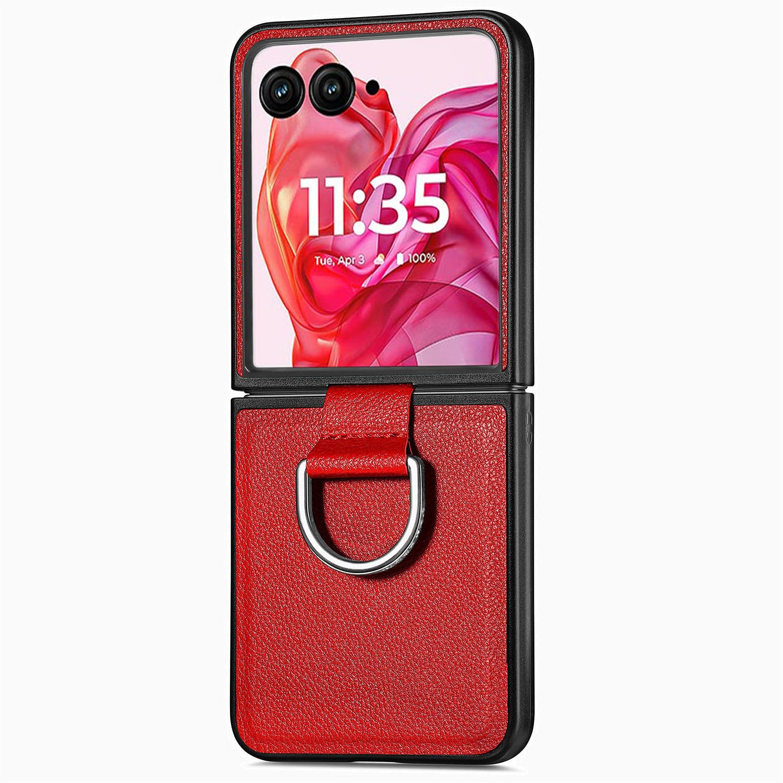 COQUE Phone Case Motorola Razr 50 Ultra Cover,Slim Anti-fall Litchi Pattern Ring Phone Shell,Leather Folding Phone Cover for Motorola Razr 50 Ultra-Red