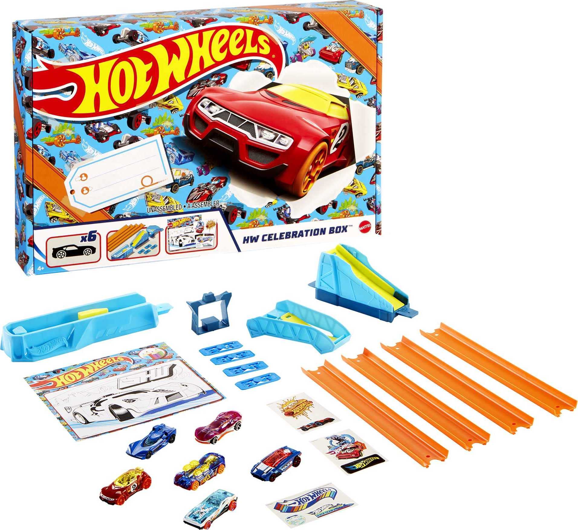 Hot Wheels HW Celebration Box Complete Starter Set With 6 Hot Wheels 1:64 Scale Cars, Track, Connectors, 4-Speed Launcher, Ramps, Activity Page & Stickers, Gift for Kids 4 Years Old & Up, GWN96