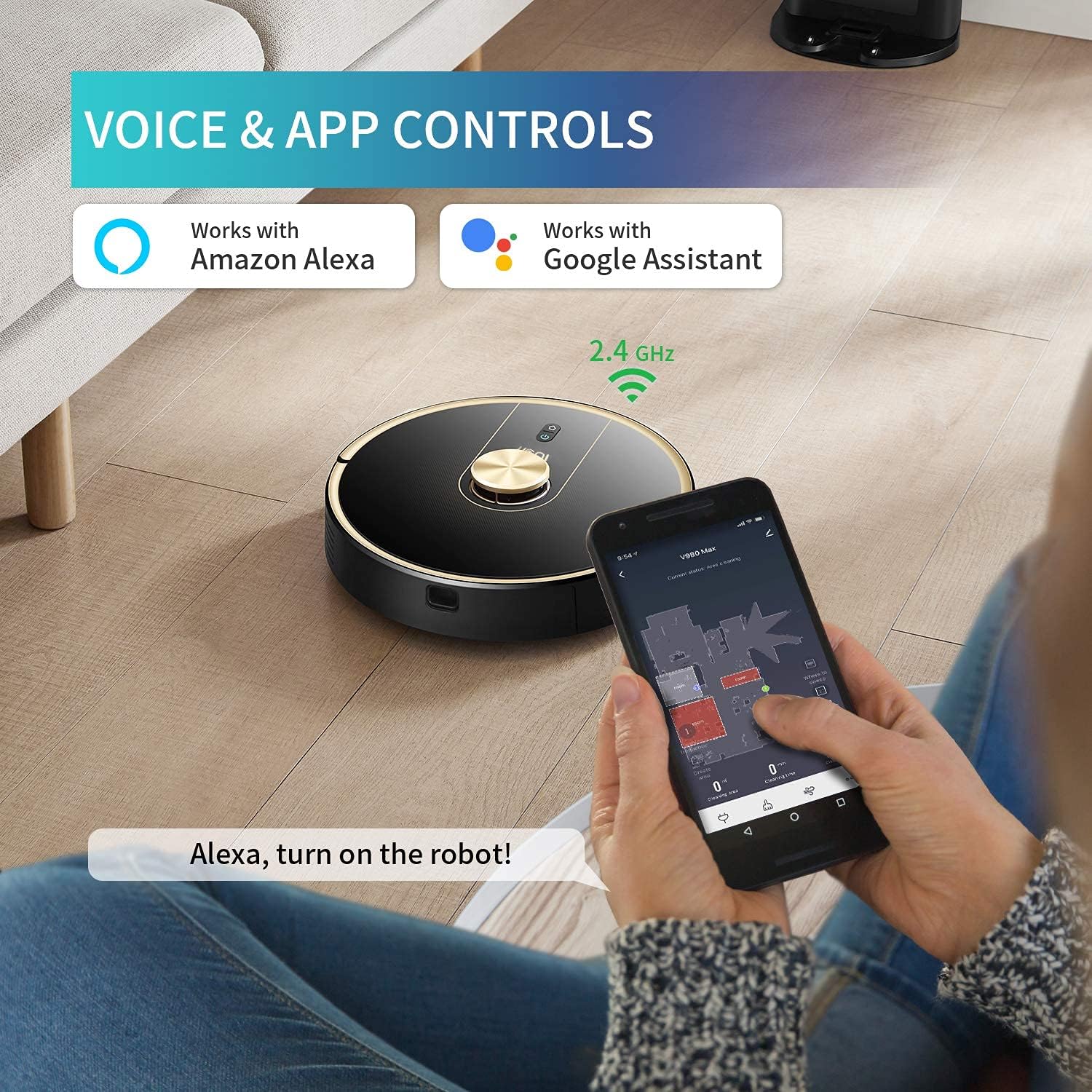 Robot Vacuum Cleaner Uoni V980Plus - 2700Pa Strong Suction Slim Design Robotic Vacuum Multiple Cleaning Modes Self-Charging Robotic Vacuum Cleaner with 5200mAh for Pet Hair, Hard Floor and Carpets -