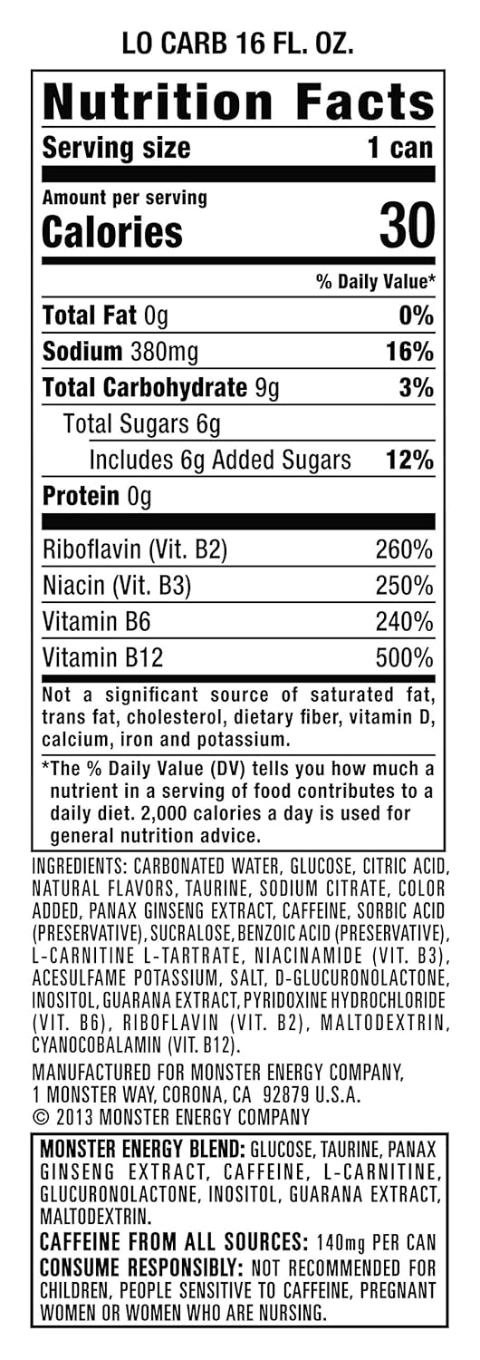 Monster Energy, Lo-Carb Monster, Low Carb Energy Drink, 16 Ounce (Pack of 24) : Grocery & Gourmet Food