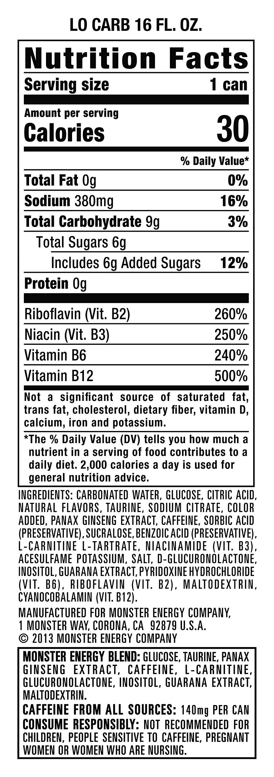 Monster Energy, Lo-Carb Monster, Low Carb Energy Drink, 16 Ounce (Pack