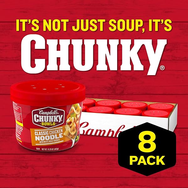 CAMPBELL’S CHUNKY SOUP, CLASSIC CHICKEN NOODLE SOUP, 15.25 OZ MICROWAVABLE BOWL (CASE OF 8)