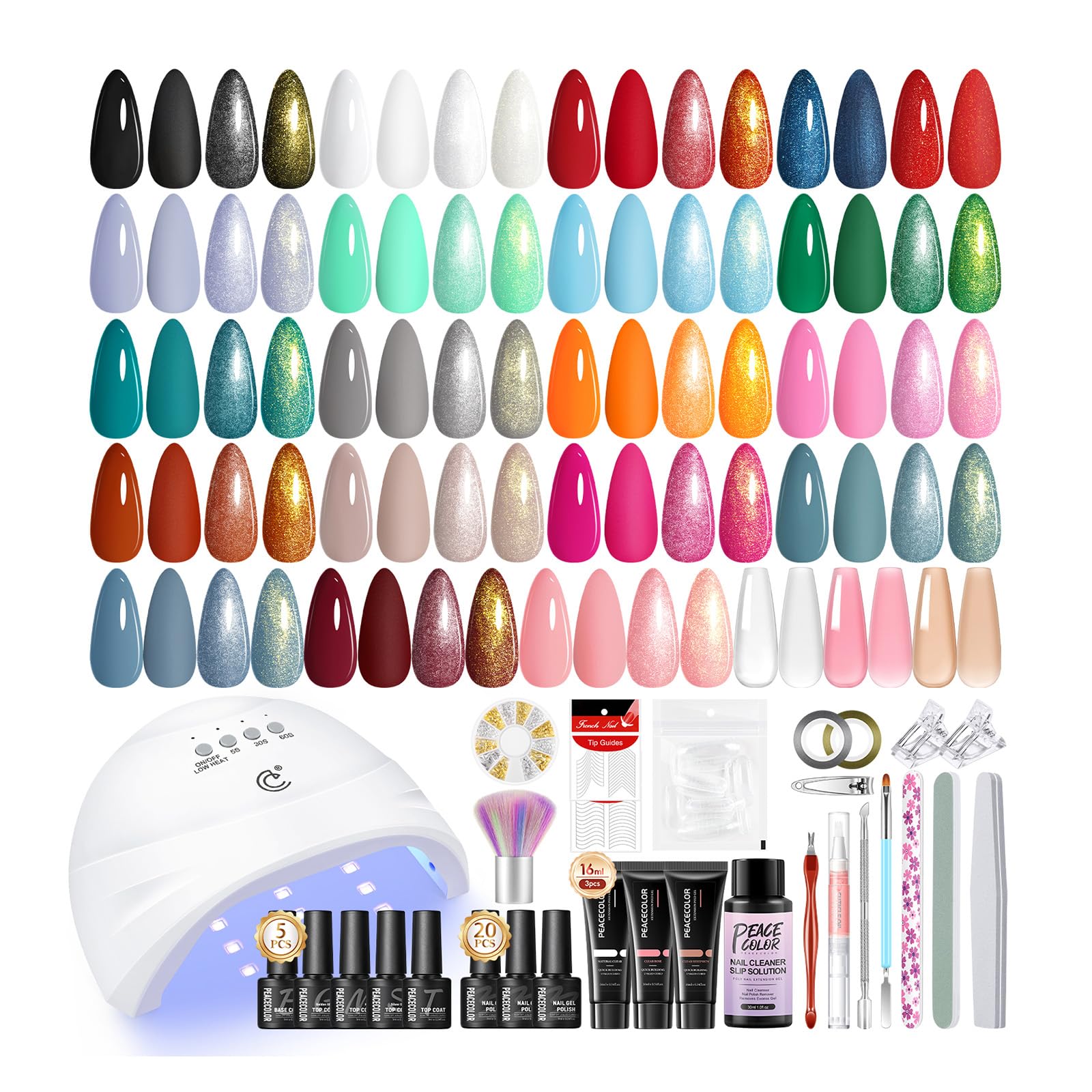 PEACECOLOR 47PCS Gel Nail Polish Kit with U V Lamp, Gel Nail Polish Set Starter Kit 23 Colours Black Red Green Glitter White Soak Off Gels Polish, 5Pcs Top Base Coat Manicure Tools Gifts for Women