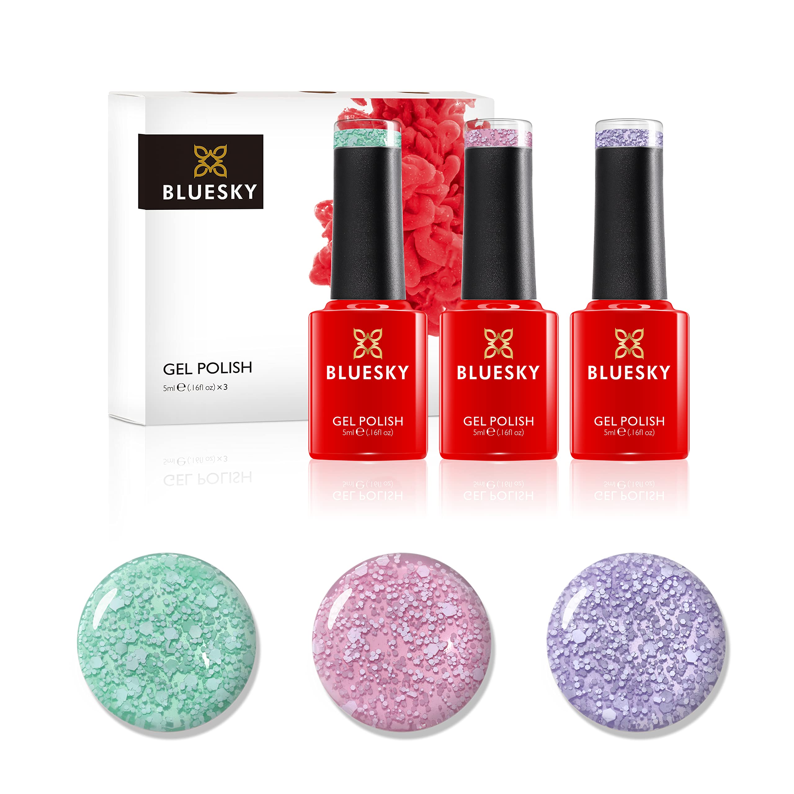 Bluesky Gel Nail Polish Set, Snow Angel G5SN04, Go Sledding E5SN03, Let It Snow G5SN05, 3 x 5 ml, Pink, Green, Purple, Glitter, Snowfall (Requires Curing Under LED/UV Nail Lamp)