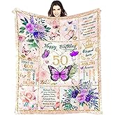 50th Birthday Blanket, 50 Year Old Gifts for Women, Happy 50th Birthday Gifts, Fun Butterfly Flower Throw Blanket Gifts for Anniversary Christmas, Super Soft Warm Plush Flannel Fleece Blankets 60"X50"