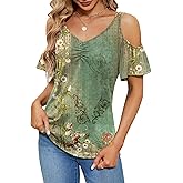 Micoson Cold Shoulder Tops for Women Summer Short Sleeve Shirts Ladies Floral Ruched Blouse Classic Cute V Neck Tunic