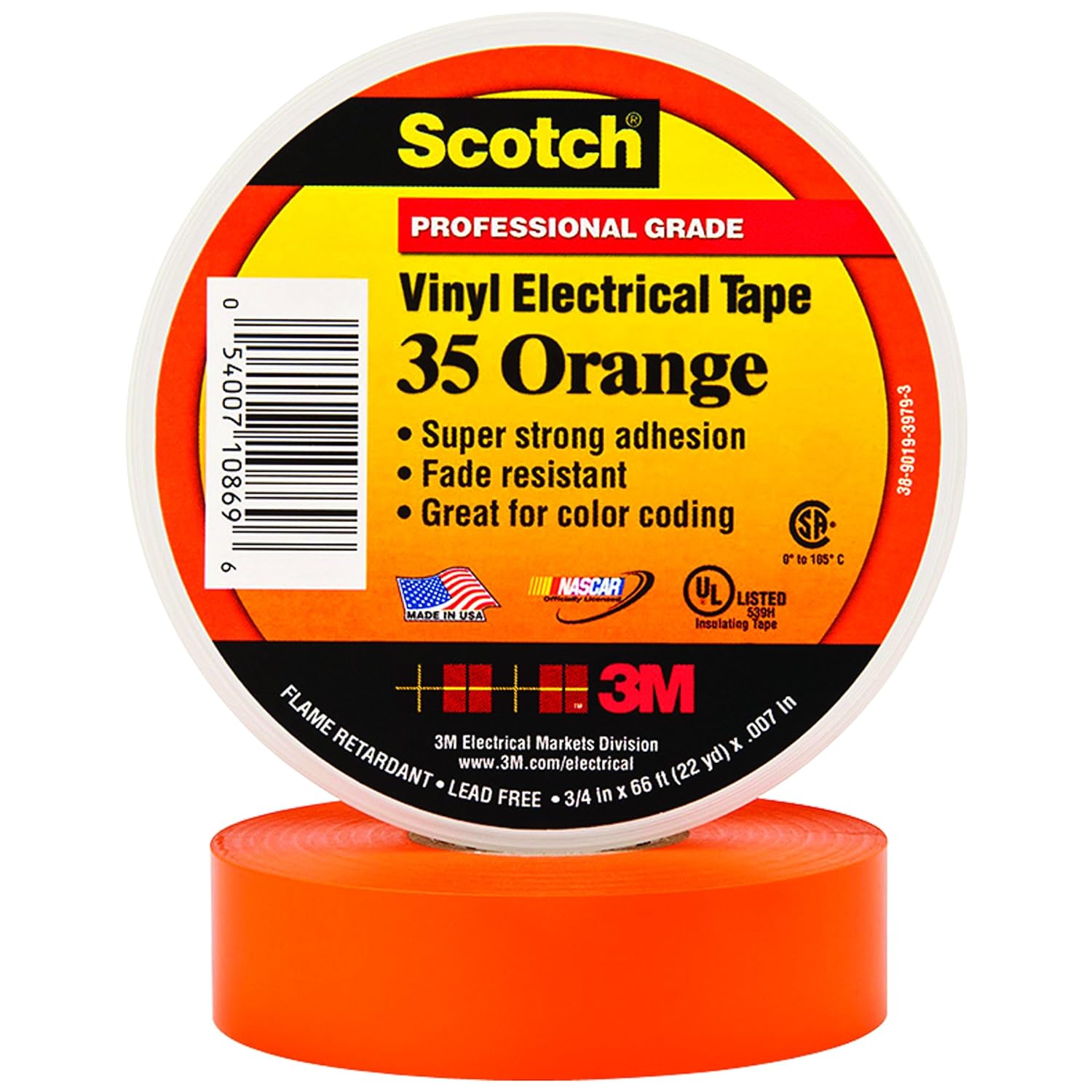 3M 35 Colored Electrical Tape, 3/4" x 66', Orange, 10/Case, 3M Stock