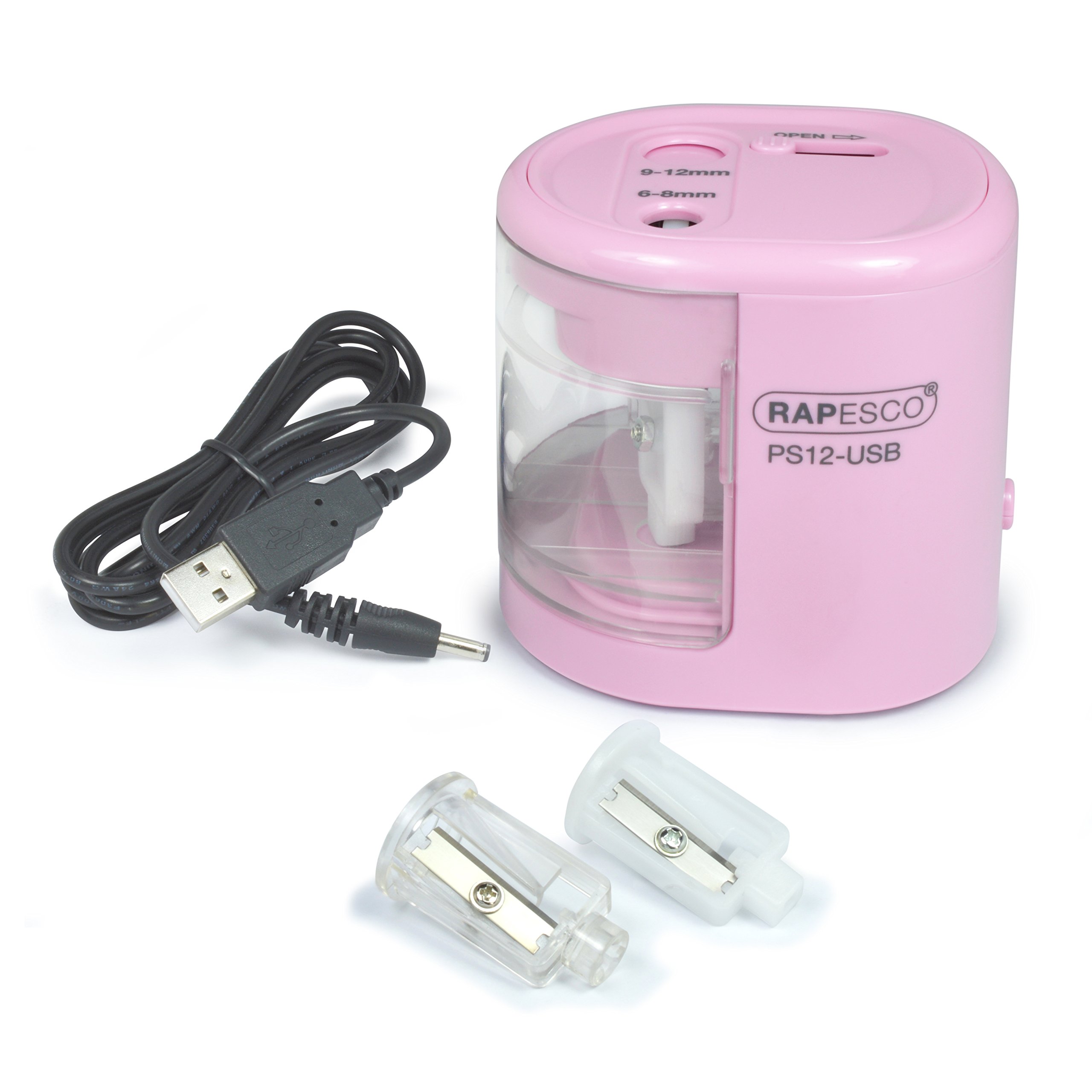 Rapesco 1446 PS12-USB Automatic/Electric Pencil Sharpener with USB or Battery (not Included) Charging, Candy Pink