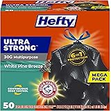 Hefty Ultra Strong Multipurpose Large Trash Bags, Black, White Pine Breeze Scent, 30 Gallon, 50 Count