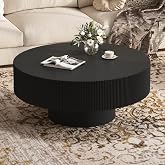 Merax Modern 35.4 Inch Round Large Coffee Table for Living Room, Black | Wood Fluted Center Table with 6.8" Thick Tabletop for Office, Reception Room, Easy Assemble