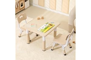 Hulaibit Kids Table and 2 Chairs Set, Height Adjustable Toddler Table and Chairs with Anti-Slip Foot Covers, Graffiti Desktop Arts & Crafts Table for Daycare, Classroom