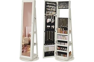 SONGMICS 360° Swivel Jewelry Cabinet, High Full Length Mirror, Lockable Jewelry Armoire, with Built-in Small Mirror, Rear Sto