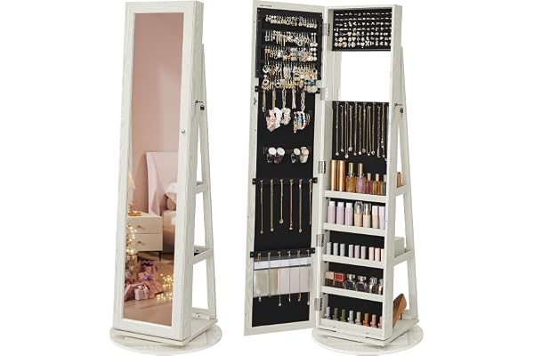SONGMICS 360° Swivel Jewelry Cabinet, High Full Length Mirror, Lockable Jewelry Armoire, with Built-in Small Mirror, Rear Sto