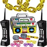 Cagemoga 20 Packs Inflatable Radio Boombox Inflatable Mobile Phone Inflatable Microphone 16 Inch Gold Foil Chain Balloons for 80s 90s Rappers Hip Hop Costume Party Decorations