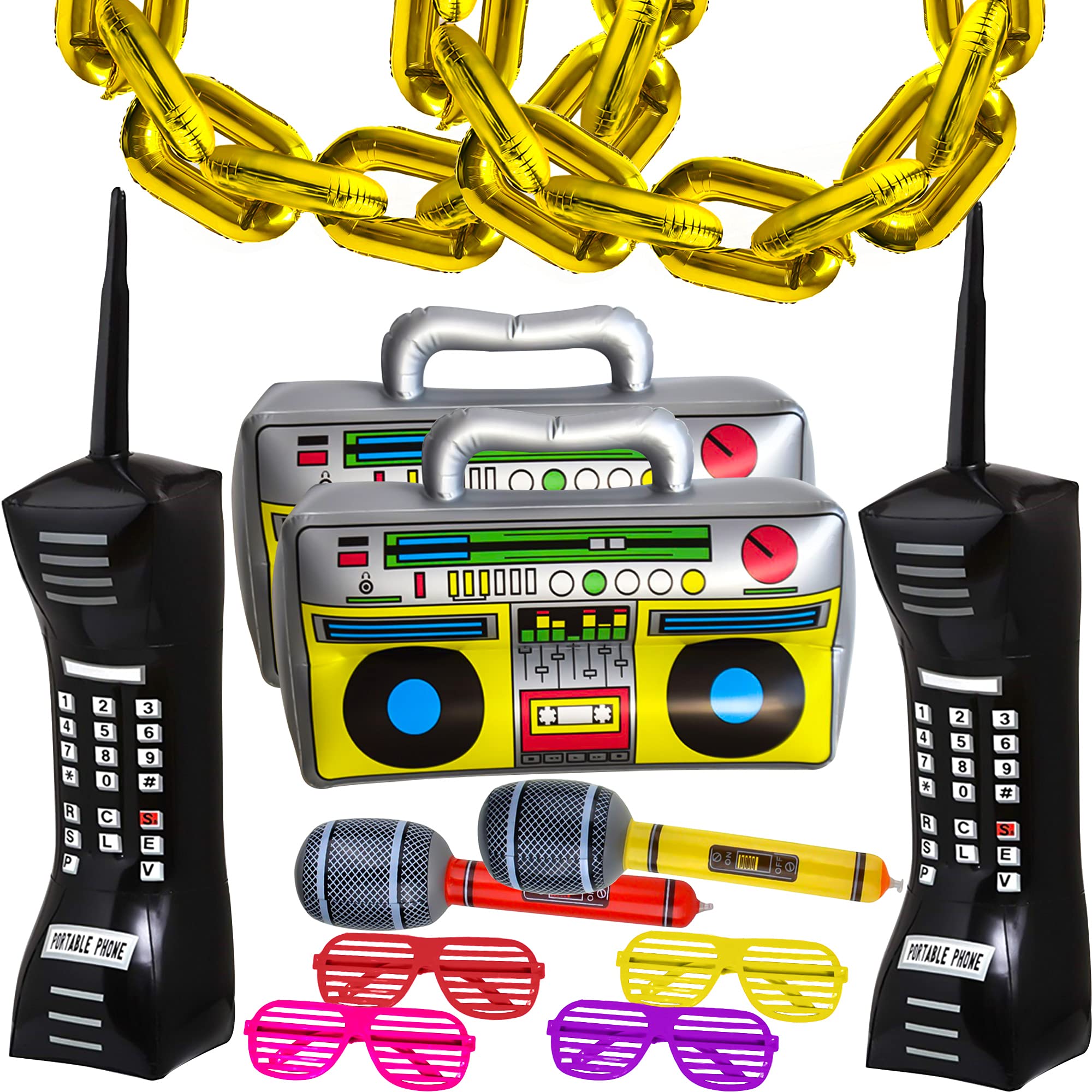 Photo 1 of Cagemoga 20 Packs Inflatable Radio Boombox Inflatable Mobile Phone Inflatable Microphone 16 Inch Gold Foil Chain Balloons for 80s 90s Rappers Hip Hop Costume Party Decorations
