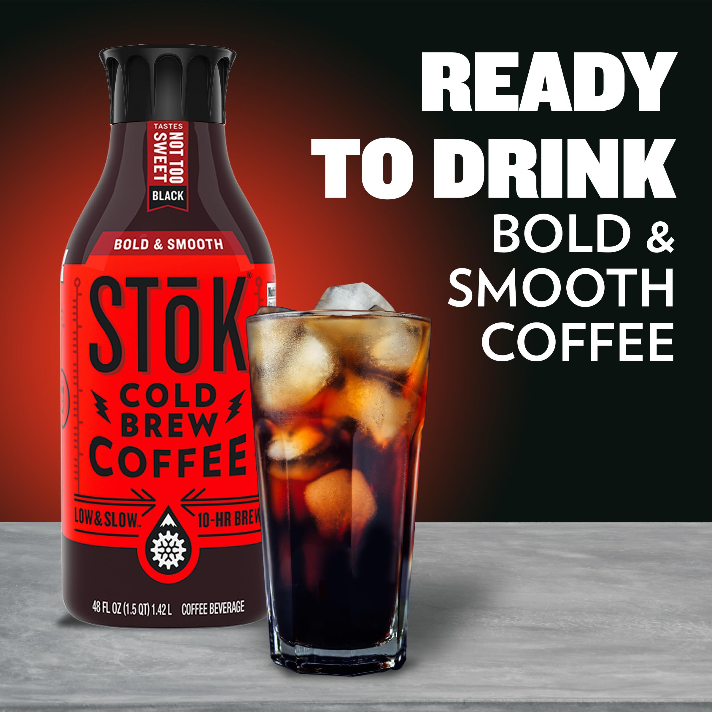 SToK Cold Brew Coffee, Not Too Sweet, Arabica-Based Blend, Dark Roast Brewed Low and Slow; Sweetened, Black Coffee, 48 FL OZ Bottle