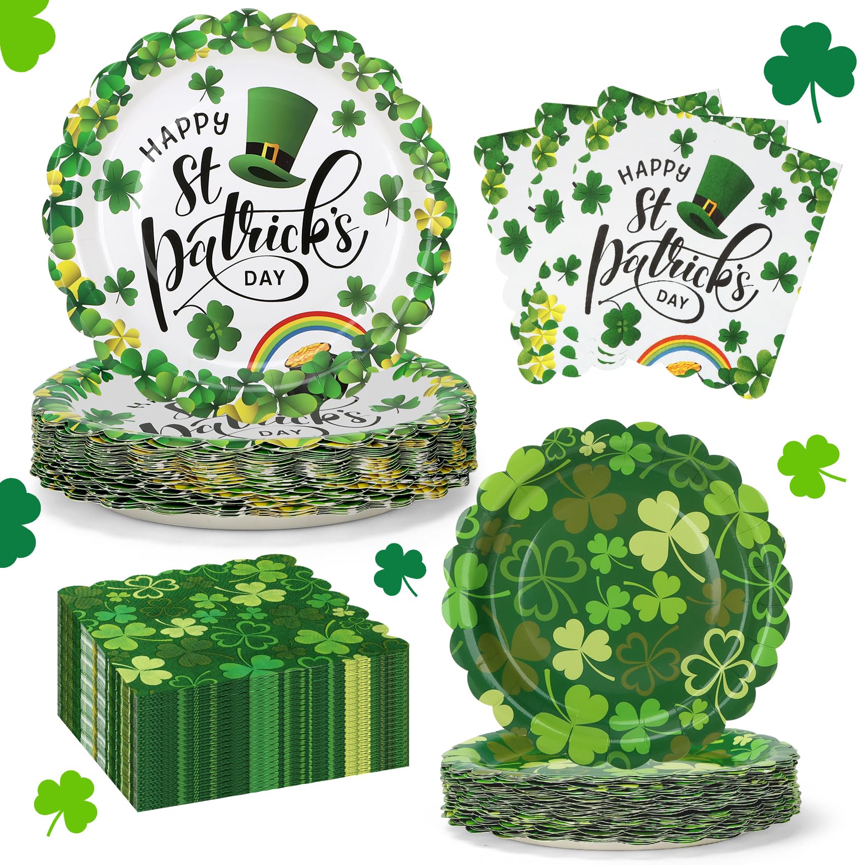 Photo 1 of 150Pcs St Patricks Day Plates and Napkins Set for 50 Guests, 9’’ Disposable Green Plates, 7’’ Dessert Plates with Lucky Shamrock Irish-Themed Party Supplies for St Patricks Day Party Decorations