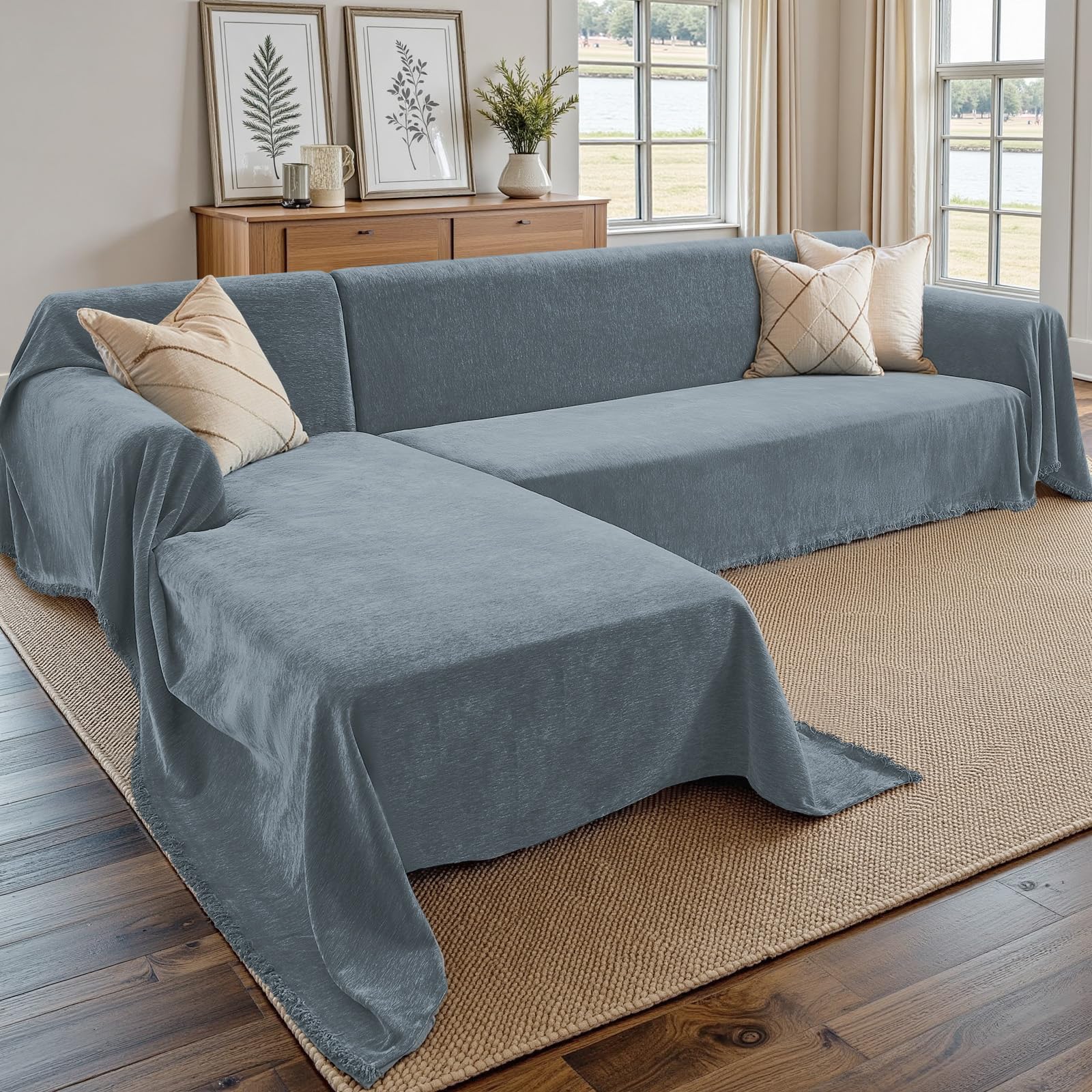 CAPALOCA Sectional Couch Covers, 2 Pieces Chenille Sofa Cover L Shaped Couch Cover Blanket for Dogs Washable Sofa Slipcovers Pet Furniture Protector (XXX-Large: 71" x 118" + 91" x 134", Blue)