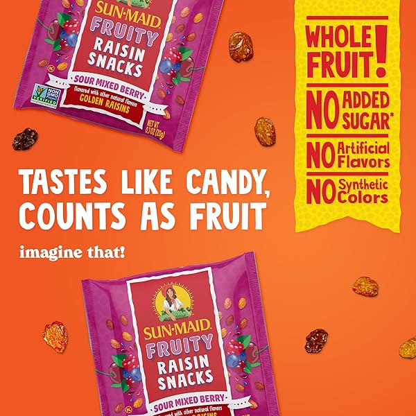 SUN-MAID SOUR MIXED BERRY FRUITY RAISIN SNACKS – (56 PACK) 0.7 OZ POUCHES – SOUR MIXED BERRY RAISINS – DRIED FRUIT SNACK FOR LUNCHES AND SNACKS