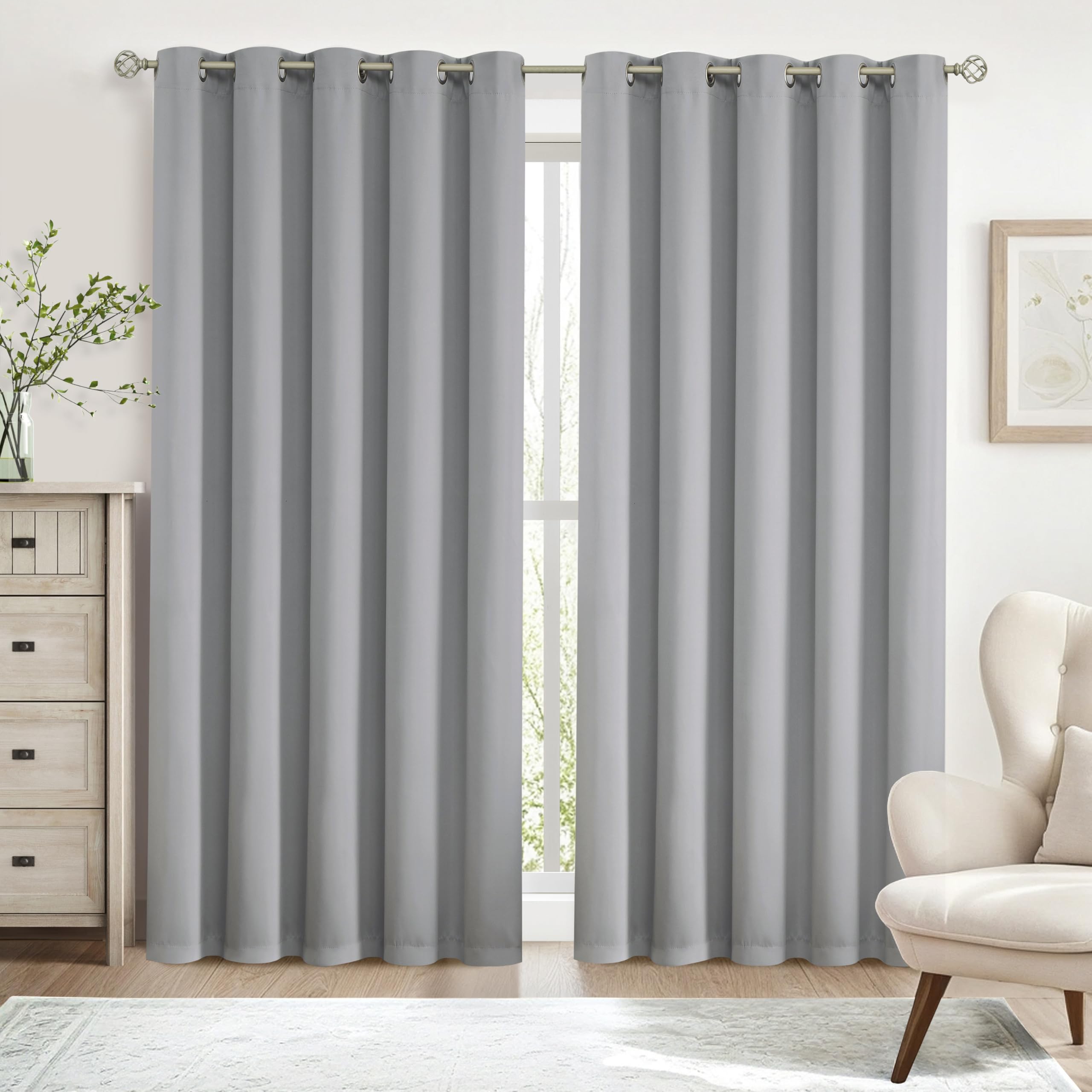 Bujasso Silver 95% Blackout Curtains 90 inches Thermal Insulated Room Darkening Draps for Living Room Bedroom Luxury Energy Saving Window Treatment Sets Grommet Top 2 Panels 65" Wx90 L