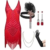 SWEETV Womens 1920s Flapper Dress,V Neck Great Gatsby Fringe Cocktail Dress with 20s Accessories Set-Roaring 20s Costume