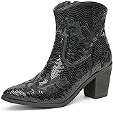 JABASIC Women Western Cowboy Ankle Boots Low Cowgirl Boots with Zipper Short Pointed Toe Booties