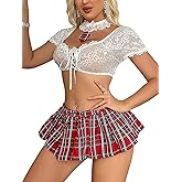 KJSUHFN School Girl Lingerie Set for Women - Roleplay Costume with Lace Top Plaid Mini Skirt Student Cosplay Outfit