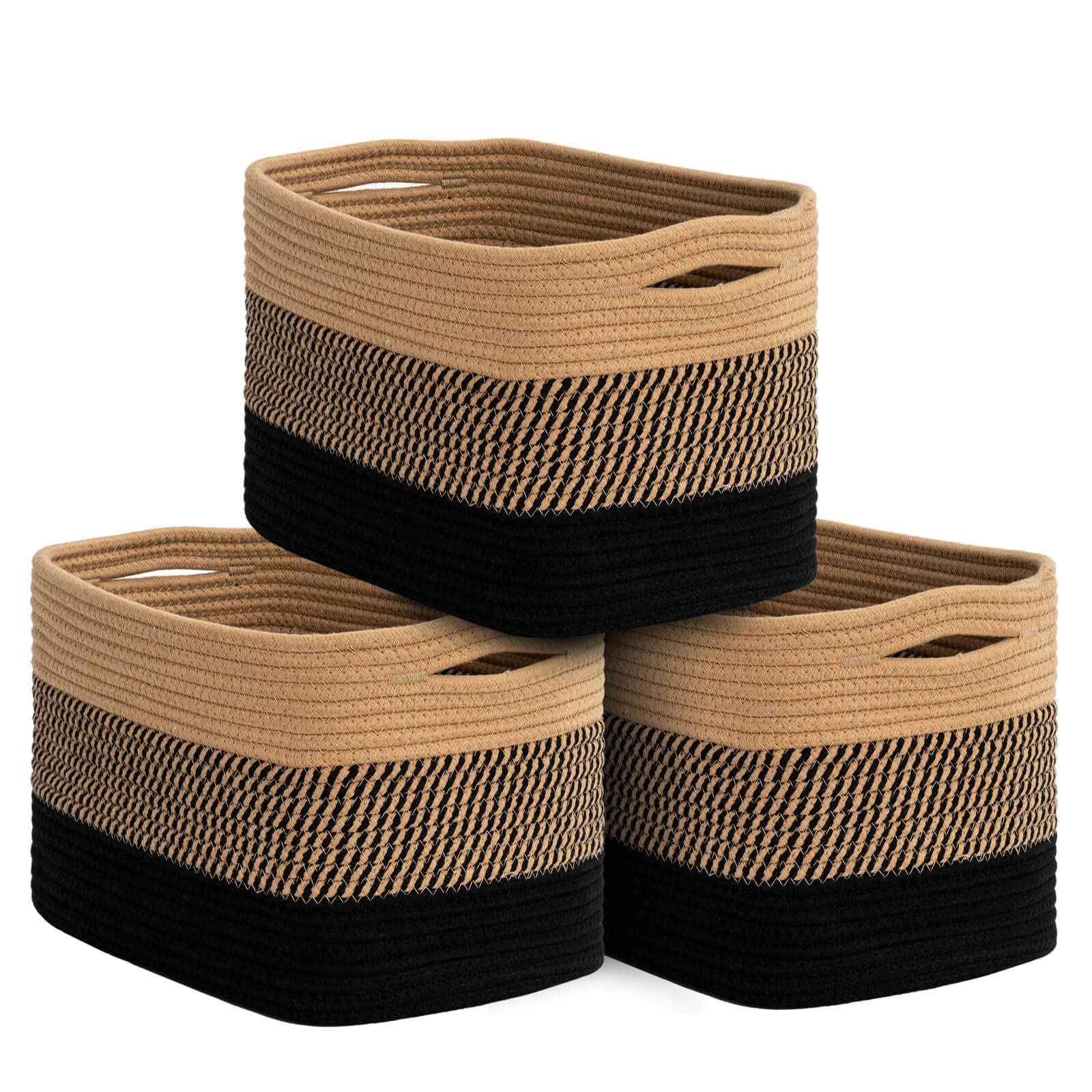 Goodpick Storage Baskets for Organizing Woven Rope Basket for Book, Towels, Toy Storage Organizer Cube Storage Bins for Shelves, Closet, Nursery, Decorative Medium Baskets Set of 3, Black