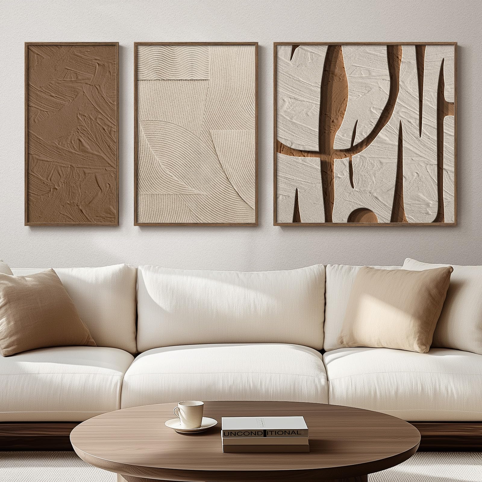 Framed Brown Abstract Wall Art, Set of 3 Piece Large Boho Neutral Wall ...