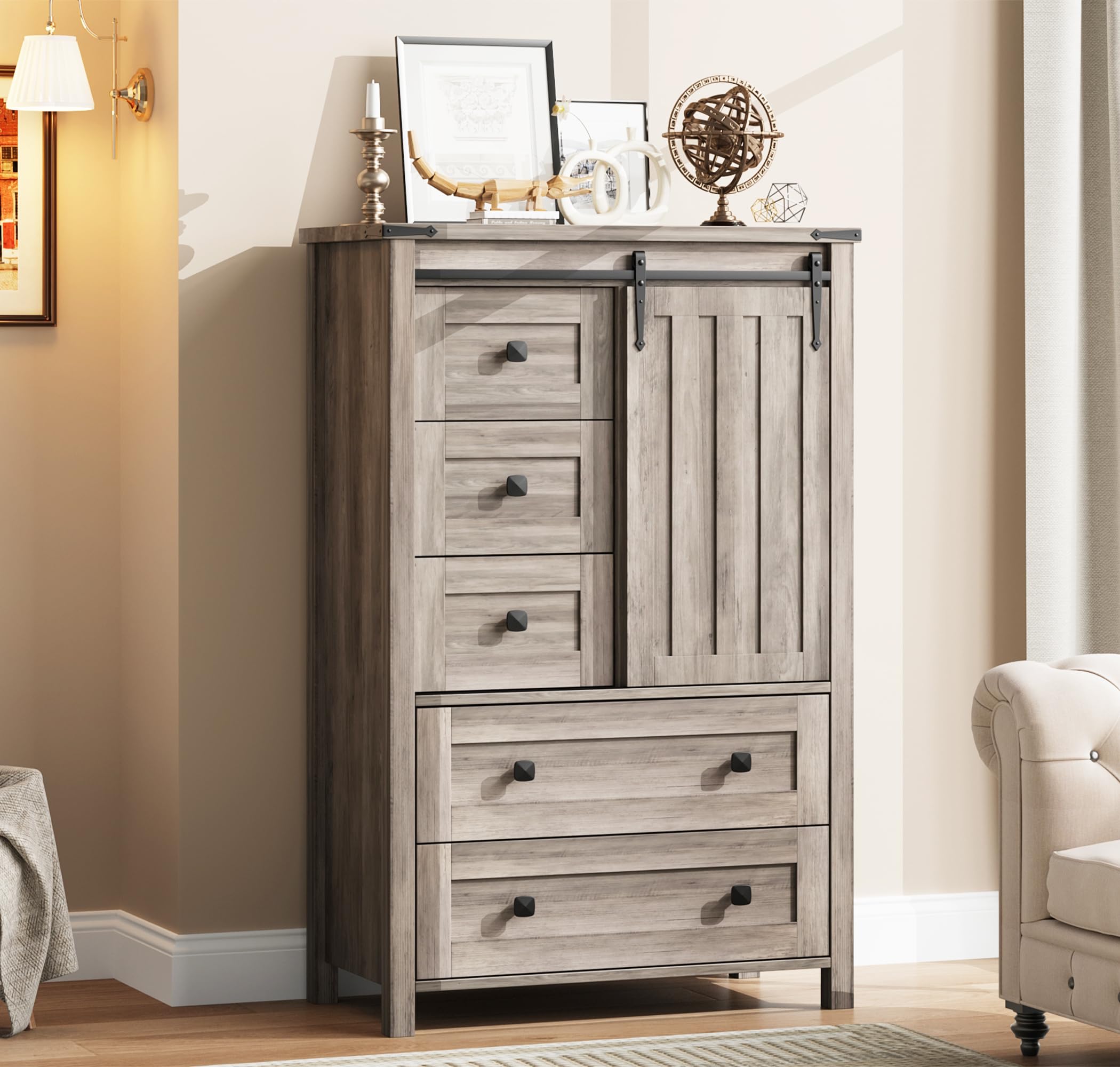 Photo 1 of ** SEE NOTES ** GarveeHome Farmhouse 5 Drawer Dresser for Bedroom, 48 in Tall Wood Dresser Chest of Drawer with Sliding Barn Door, Adjustable Shelf, Storage Organizer for Bedroom, Hallway, Living Room, Kitchen, Grey
