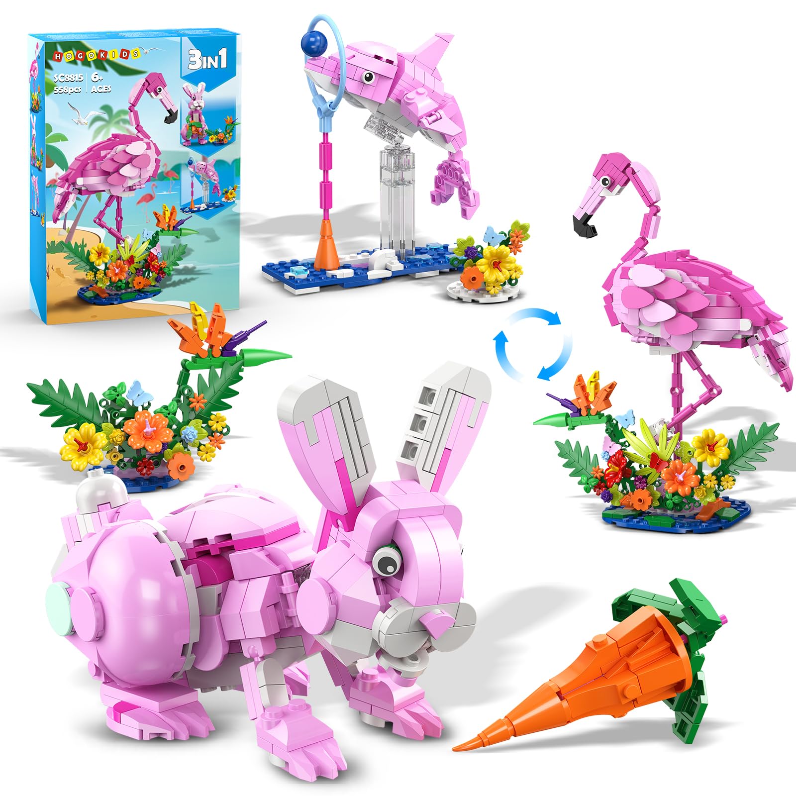 HOGOKIDS Easter Bunny 3 in 1 Pink Building Set with Flowers, Animal Figure with 3 Building Options - Flamingo, Bunny, or Dolphin, 558PCS Creative Birthday Gift, Learning Toy for Kids Girls Boys Age 6+