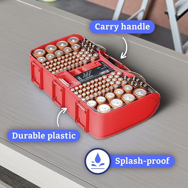 BATTERY ORGANIZER STORAGE CASE WITH TESTER, HOLDS 180 BATTERIES, CLEAR HINGED COVER, LOCKING LID – FOR AA, AAA, C, D AND MORE, RED