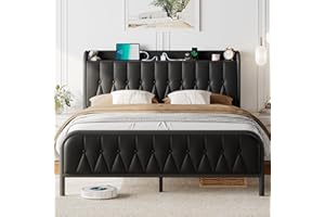 Feonase Full Bed Frame with Type-C & USB Port, Metal Platform Beds, with Faux Leather Upholstered Headboard & Footboard, 12" Underbed Storage Space, Easy Assembly, Noise-Free, Black