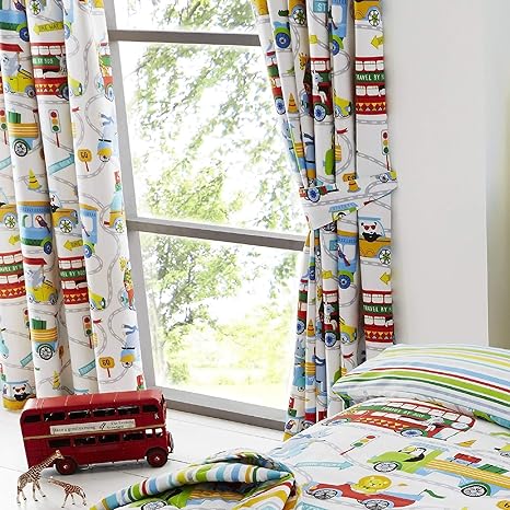 Happy Linen Company Kinder Vorhänge mit Kräuselband - mit Zootieren in der Stadt - Weiß - 168 x 137 cm