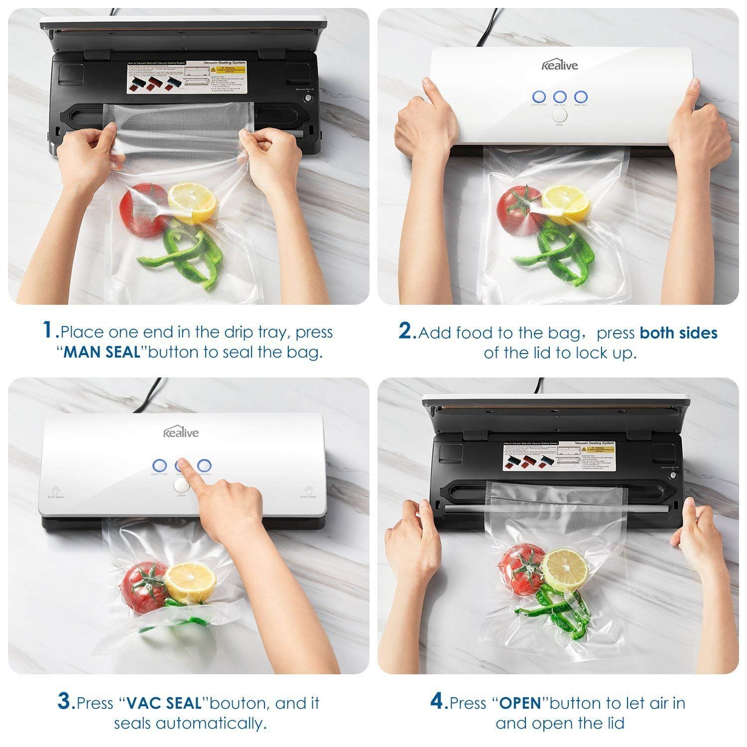 Kealive Vakuumierer - Vakuumiergerät, Lebensmittel bleiben bis zu 8x länger frisch - natürliche Aufbewahrung ohne Konservierungsstoffe, 30cm lange Schweißnaht, einfach zu bedienen, automatische Konser