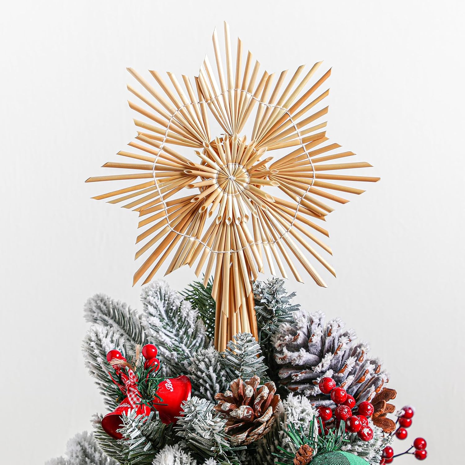 Tree Toppers - Karenhi Christmas Swedish Tree Topper Swedish Style Straw Star Shape Treetop Nordic Color Hand Made Ornaments for Christmas Tree Office Home Indoor Desktop Adults Decoration 7.87 x 9.84 Inches